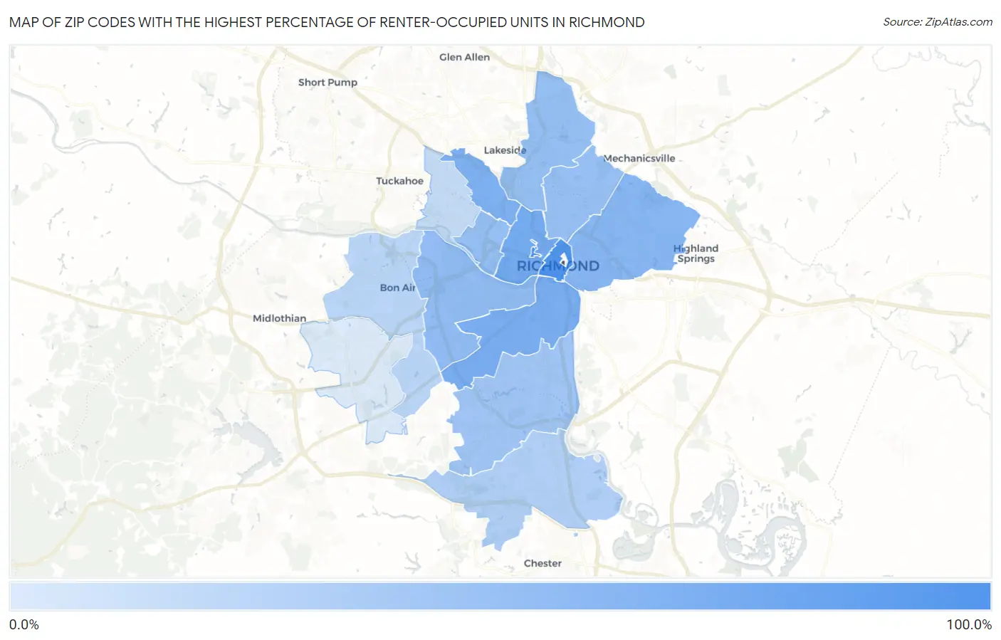 Zip Codes with the Highest Percentage of Renter-Occupied Units in Richmond Map
