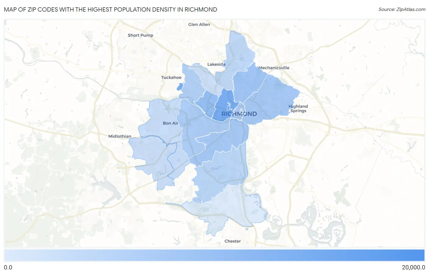 Zip Codes with the Highest Population Density in Richmond Map