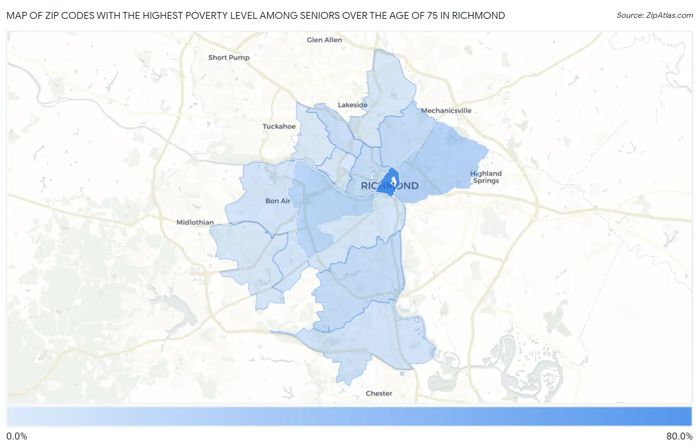 Zip Codes with the Highest Poverty Level Among Seniors Over the Age of 75 in Richmond Map