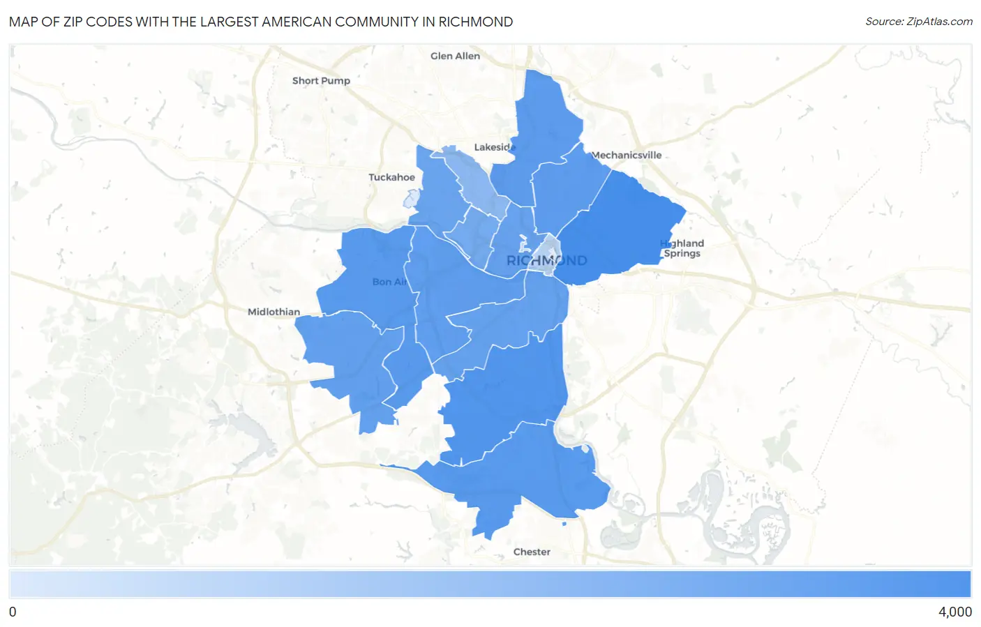 Zip Codes with the Largest American Community in Richmond Map