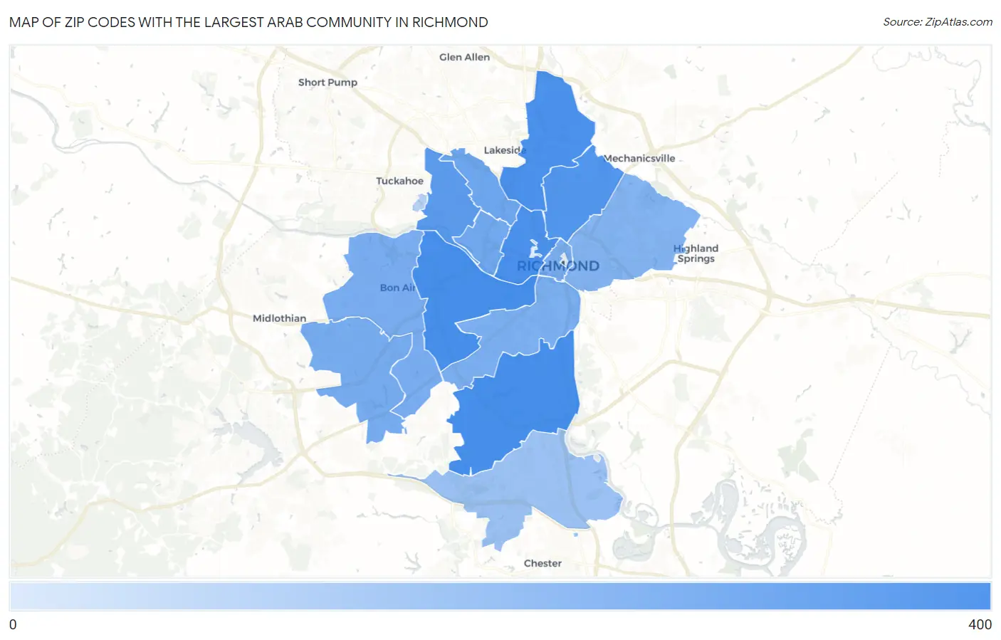 Zip Codes with the Largest Arab Community in Richmond Map