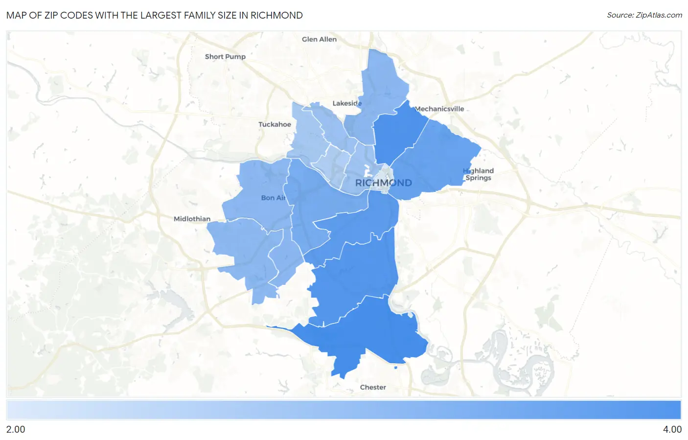 Zip Codes with the Largest Family Size in Richmond Map