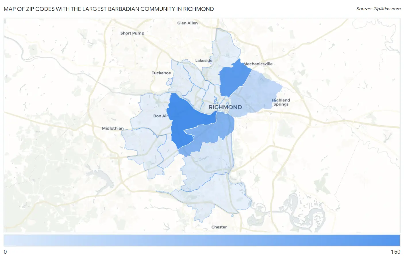 Zip Codes with the Largest Barbadian Community in Richmond Map