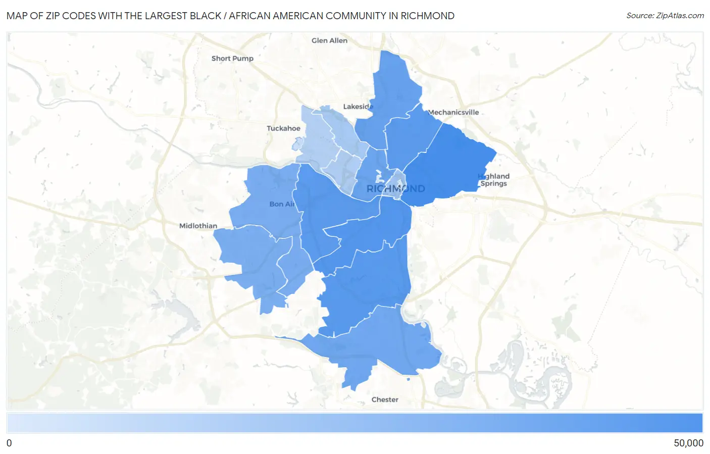 Zip Codes with the Largest Black / African American Community in Richmond Map