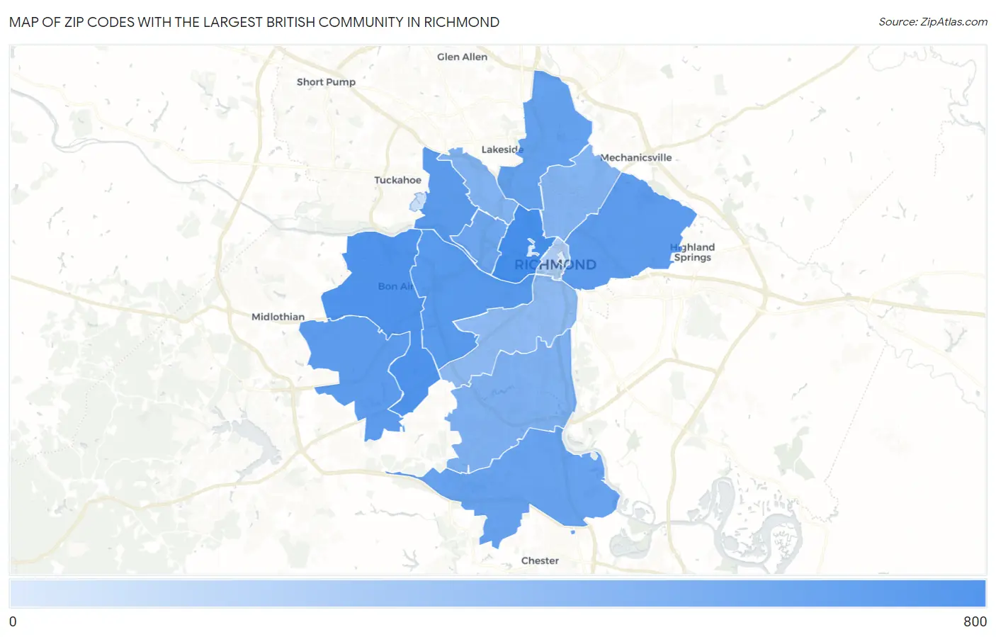 Zip Codes with the Largest British Community in Richmond Map