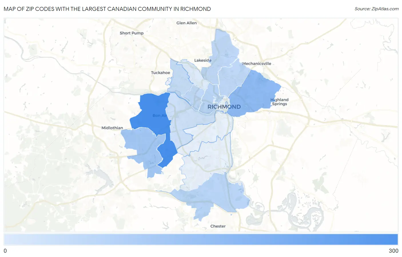 Zip Codes with the Largest Canadian Community in Richmond Map