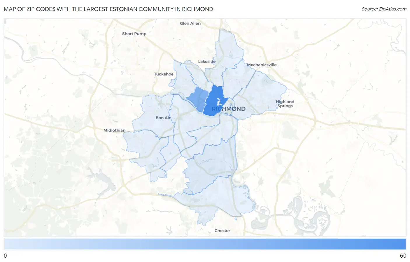 Zip Codes with the Largest Estonian Community in Richmond Map