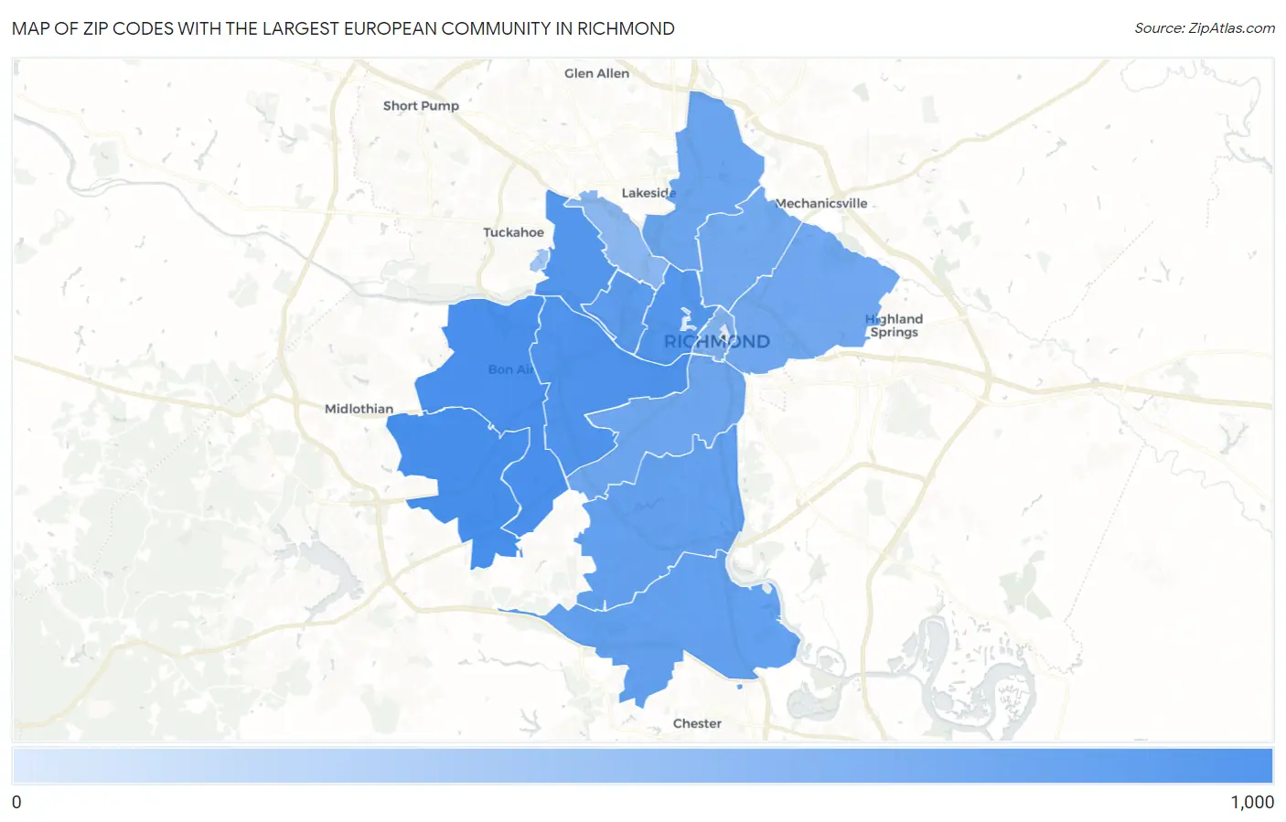Zip Codes with the Largest European Community in Richmond Map