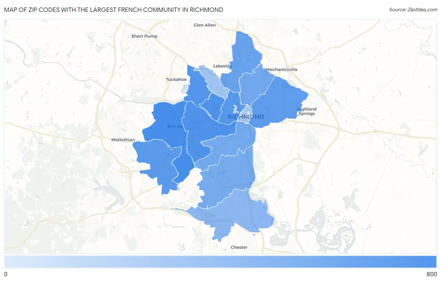 Zip Codes with the Largest French Community in Richmond Map
