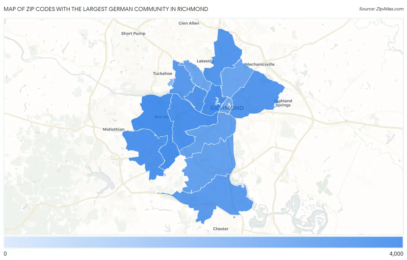 Zip Codes with the Largest German Community in Richmond Map