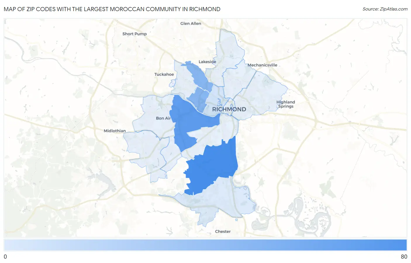 Zip Codes with the Largest Moroccan Community in Richmond Map