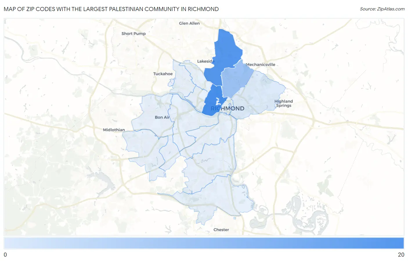 Zip Codes with the Largest Palestinian Community in Richmond Map