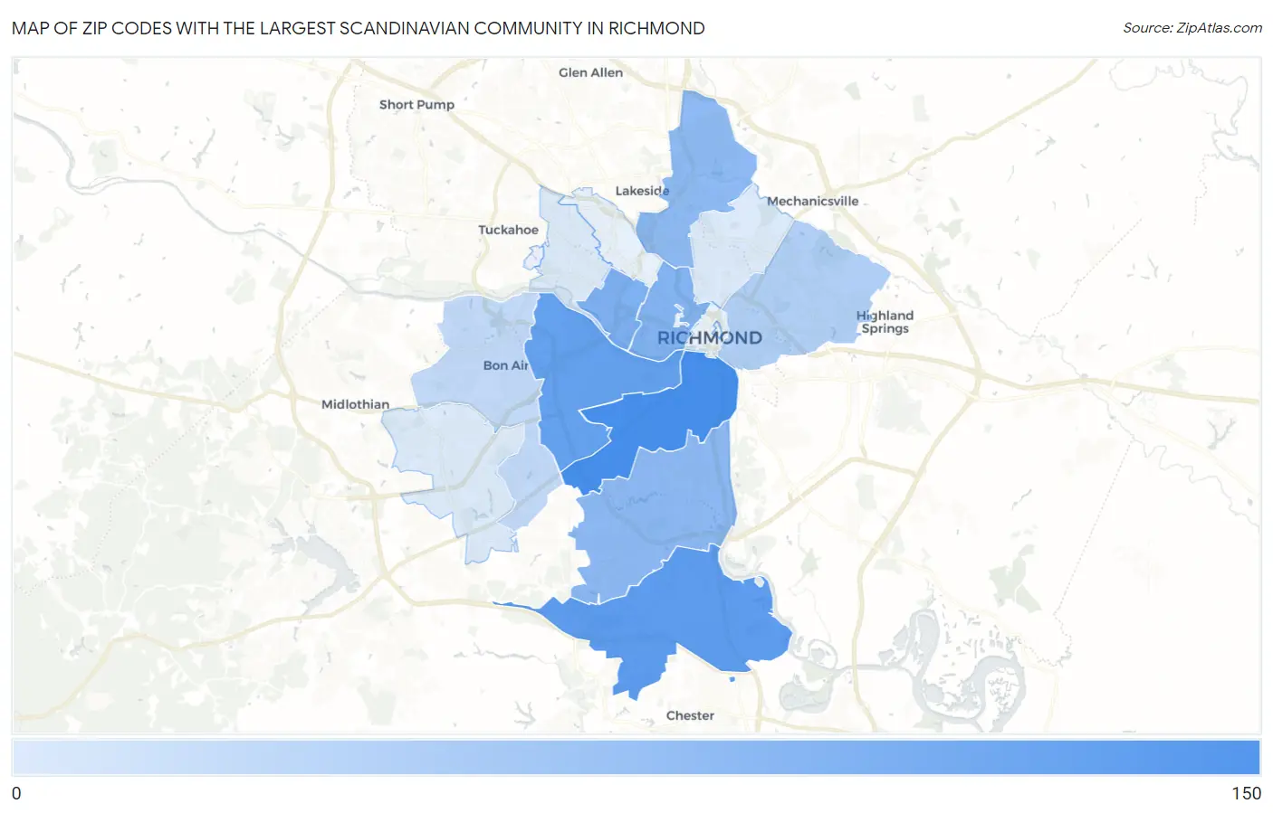 Zip Codes with the Largest Scandinavian Community in Richmond Map