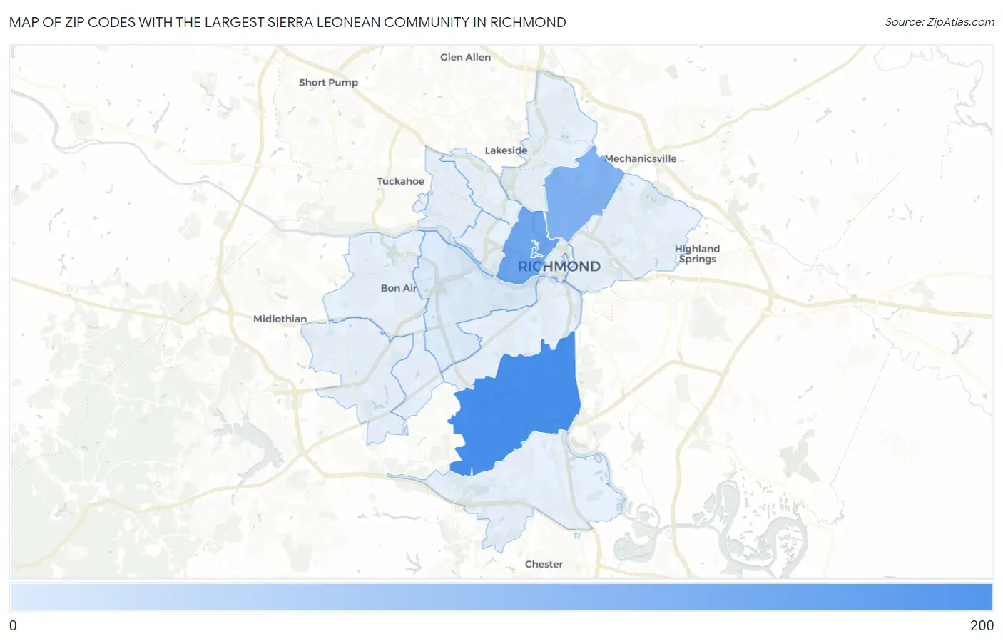 Zip Codes with the Largest Sierra Leonean Community in Richmond Map