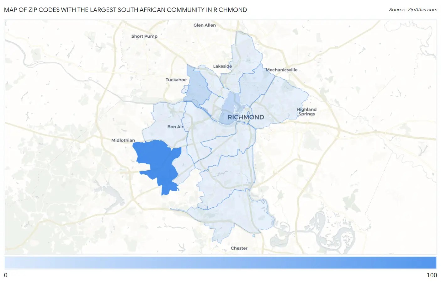 Zip Codes with the Largest South African Community in Richmond Map