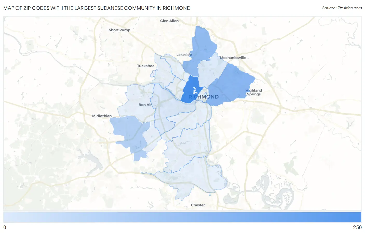 Zip Codes with the Largest Sudanese Community in Richmond Map