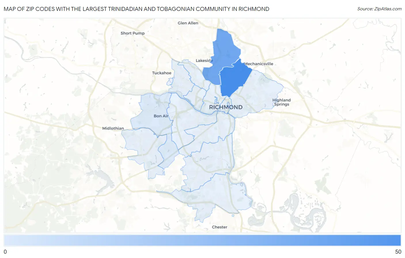 Zip Codes with the Largest Trinidadian and Tobagonian Community in Richmond Map