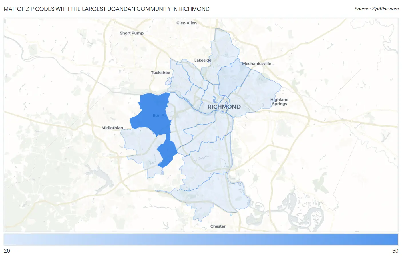 Zip Codes with the Largest Ugandan Community in Richmond Map