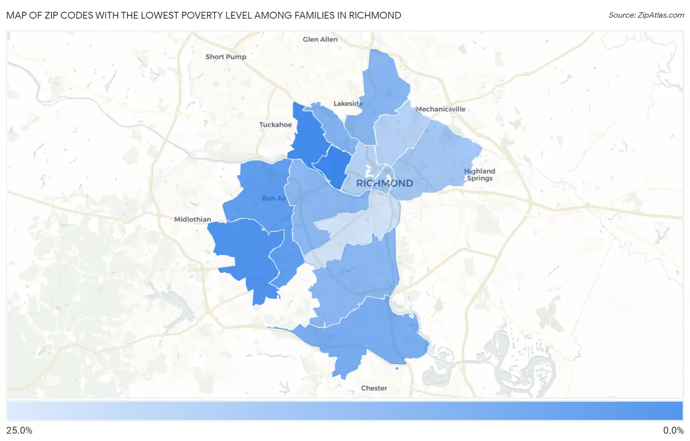 Zip Codes with the Lowest Poverty Level Among Families in Richmond Map