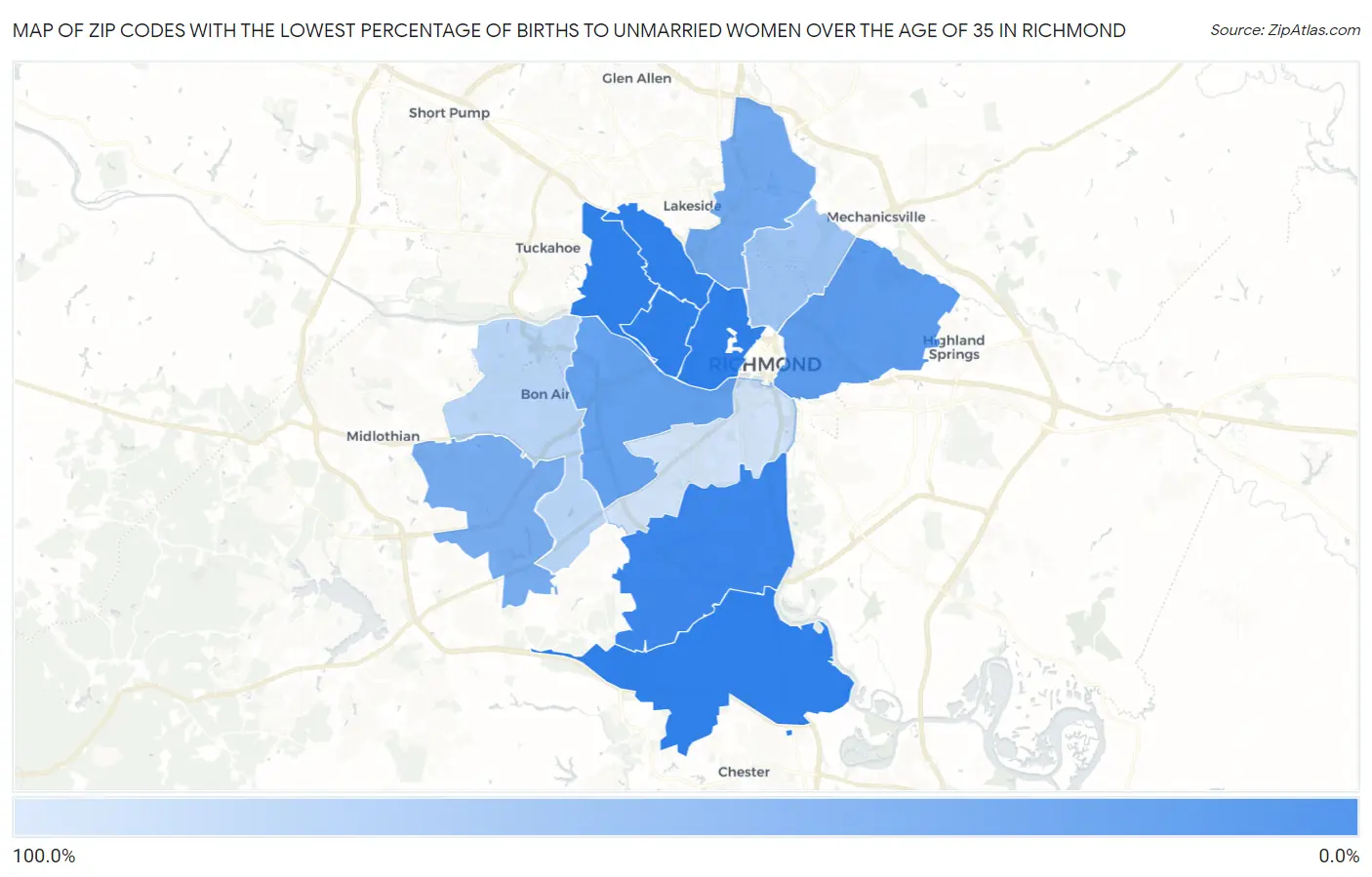 Zip Codes with the Lowest Percentage of Births to Unmarried Women over the Age of 35 in Richmond Map