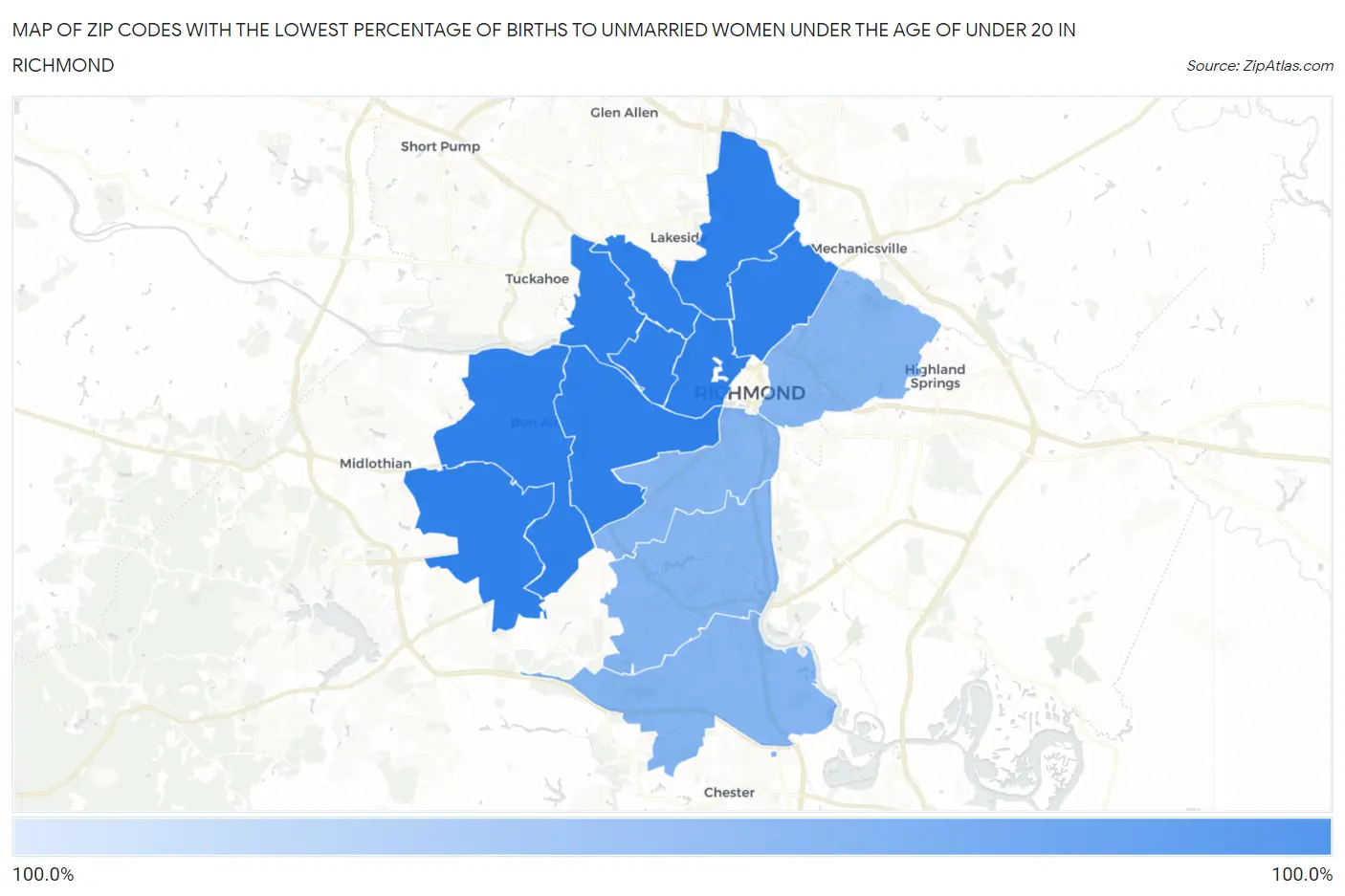 Zip Codes with the Lowest Percentage of Births to Unmarried Women under the Age of under 20 in Richmond Map