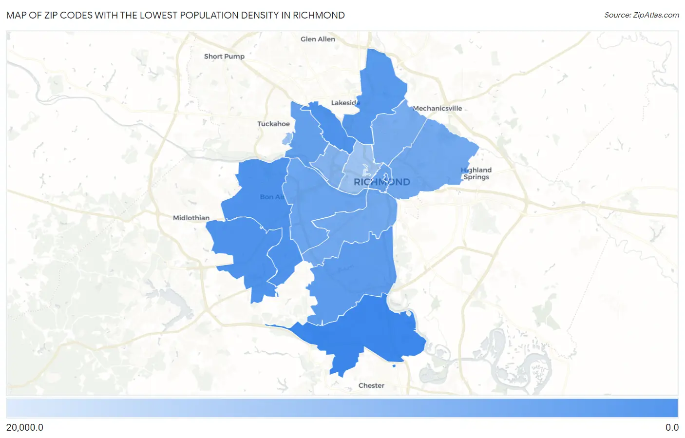 Zip Codes with the Lowest Population Density in Richmond Map