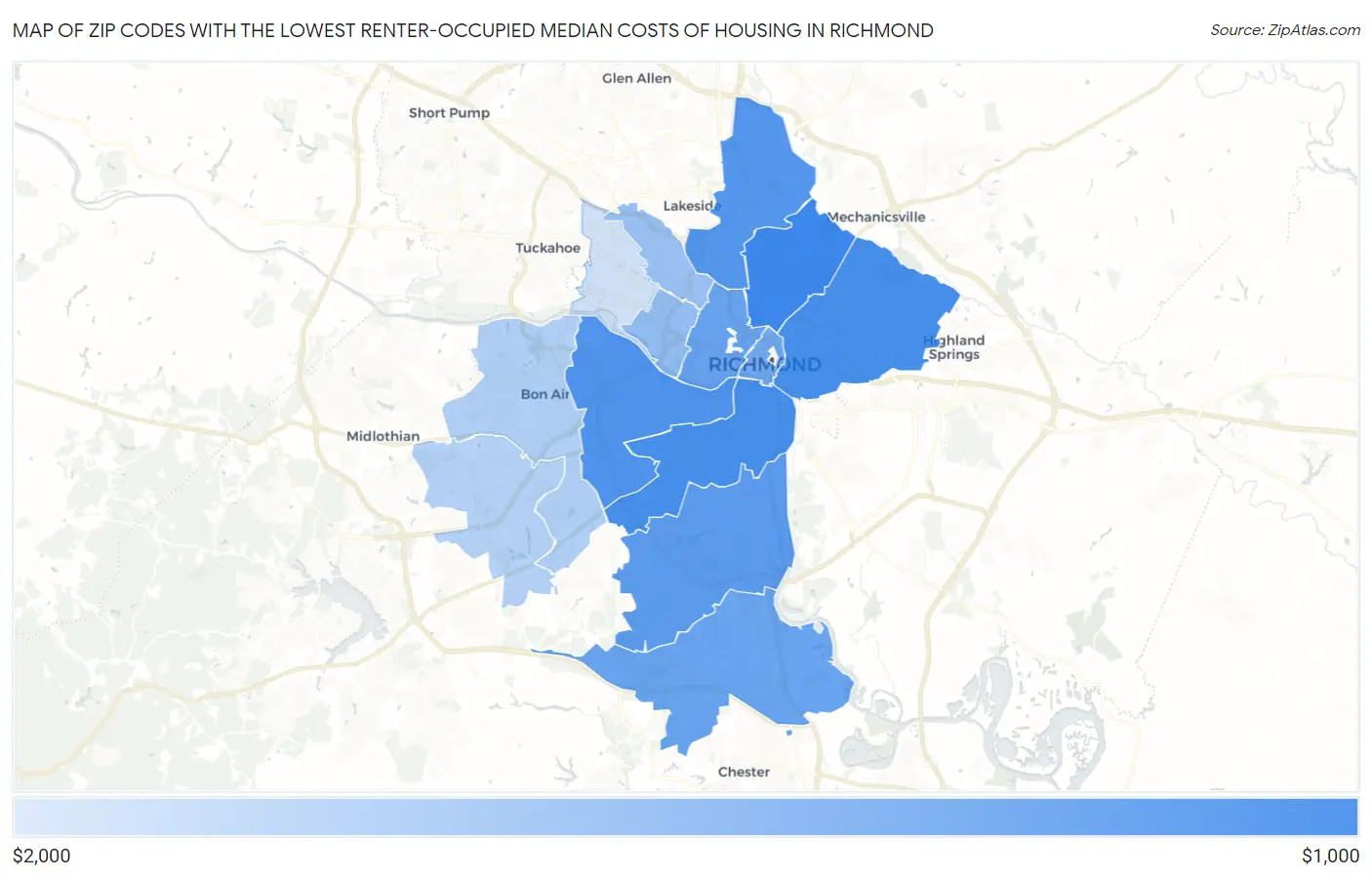 Zip Codes with the Lowest Renter-Occupied Median Costs of Housing in Richmond Map