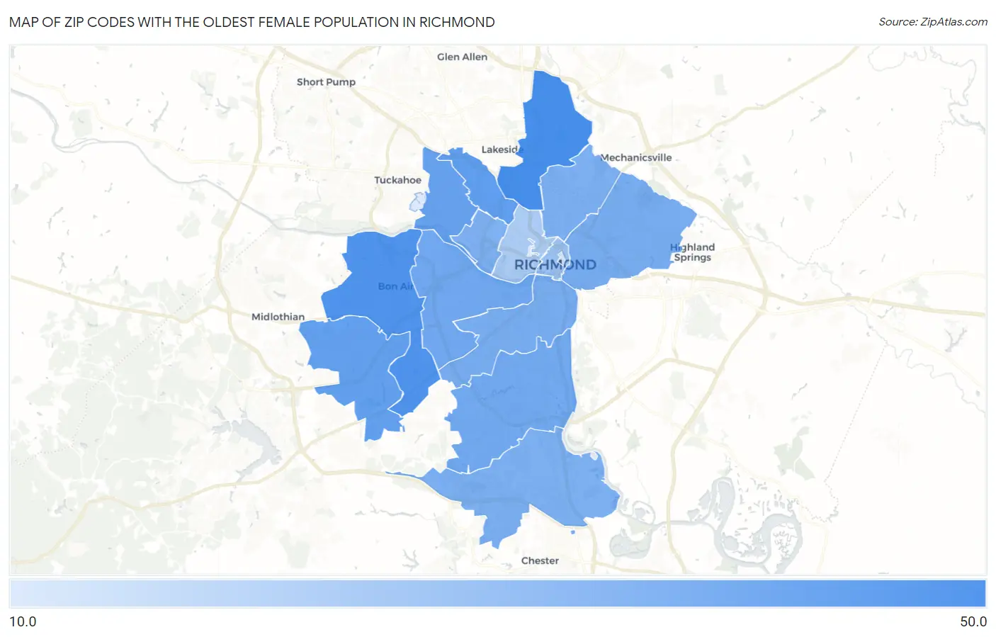 Zip Codes with the Oldest Female Population in Richmond Map