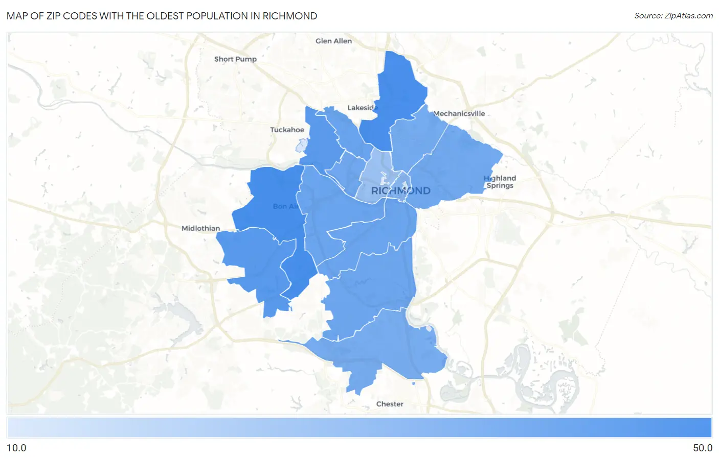Zip Codes with the Oldest Population in Richmond Map