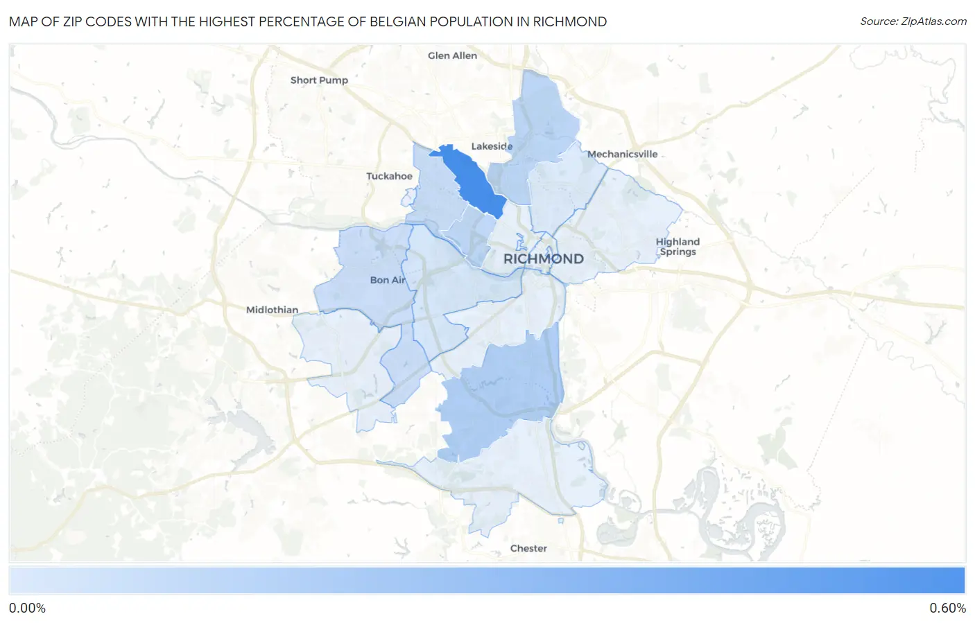 Zip Codes with the Highest Percentage of Belgian Population in Richmond Map