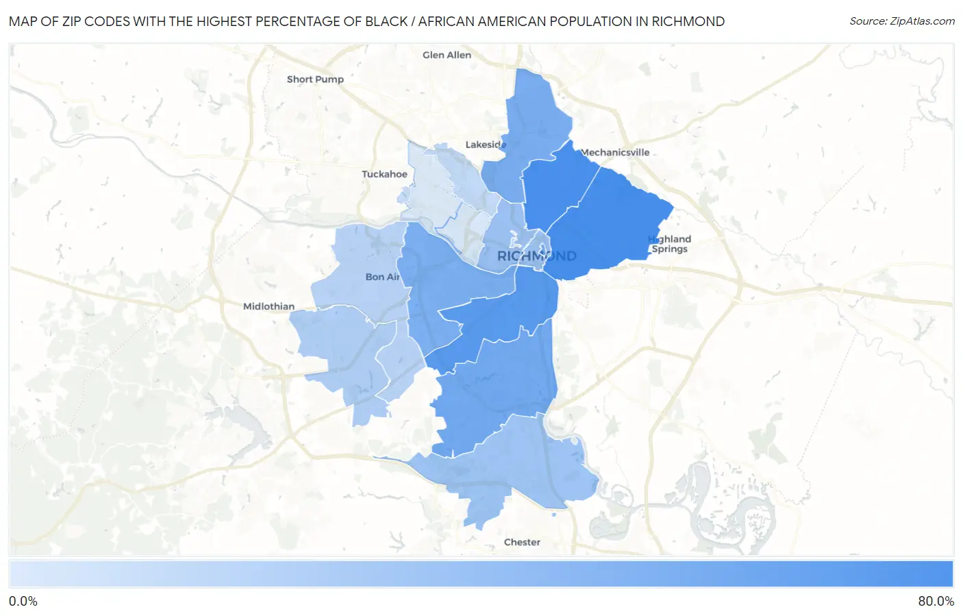 Zip Codes with the Highest Percentage of Black / African American Population in Richmond Map