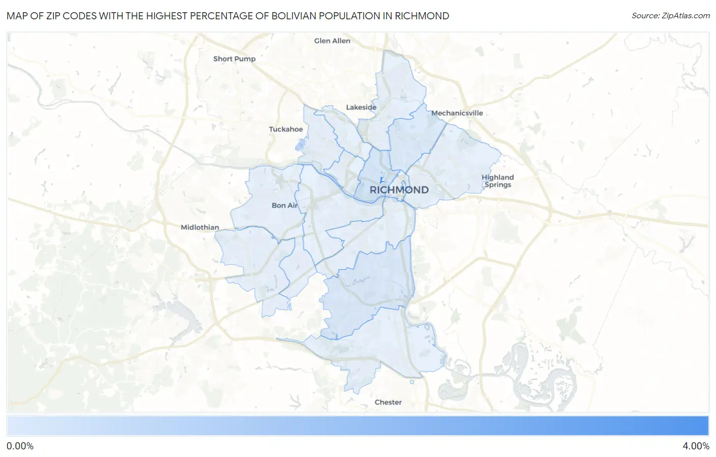 Zip Codes with the Highest Percentage of Bolivian Population in Richmond Map