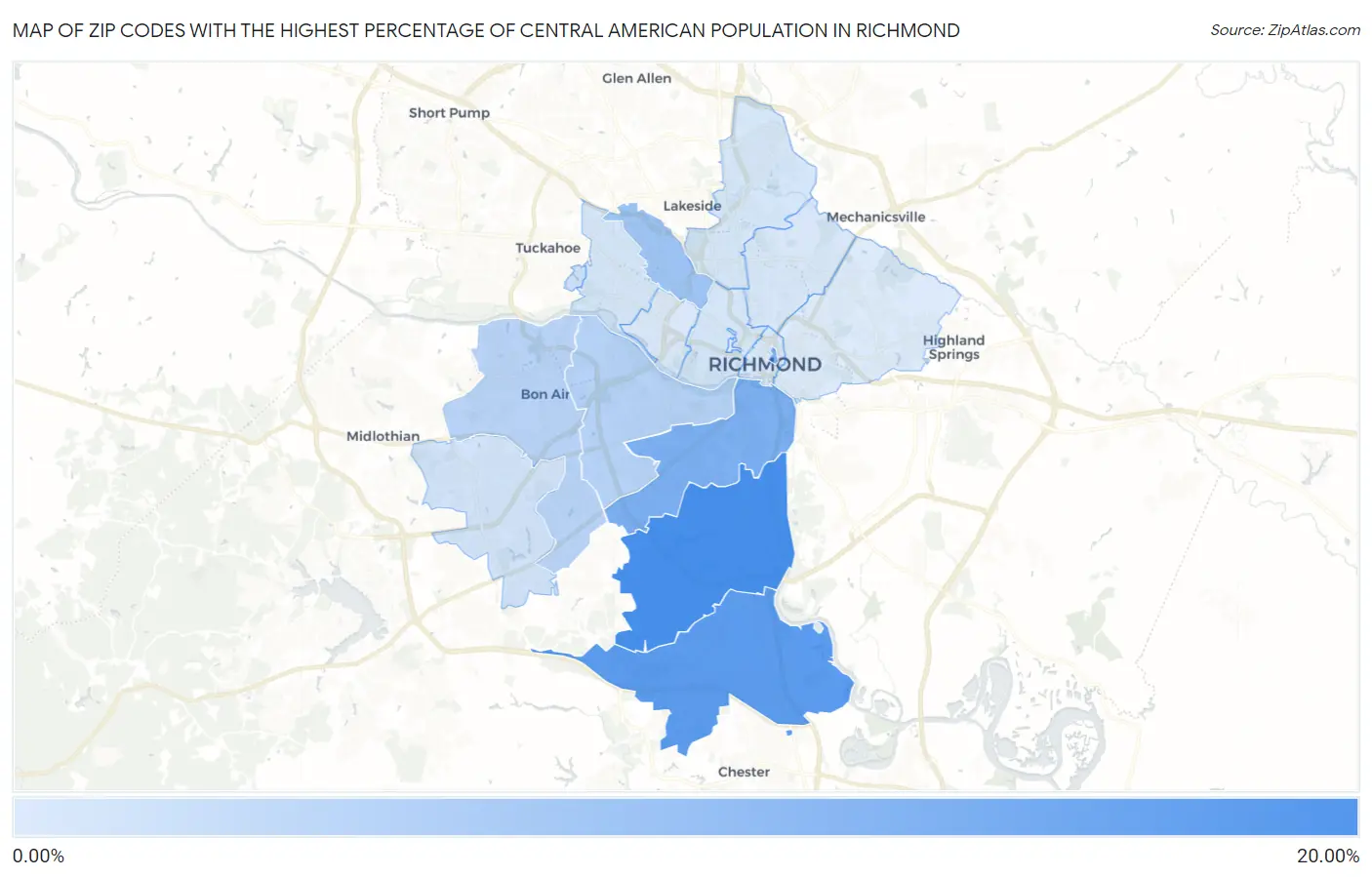 Zip Codes with the Highest Percentage of Central American Population in Richmond Map