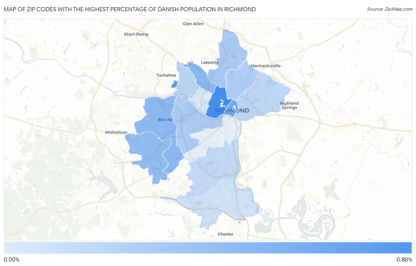 Zip Codes with the Highest Percentage of Danish Population in Richmond Map