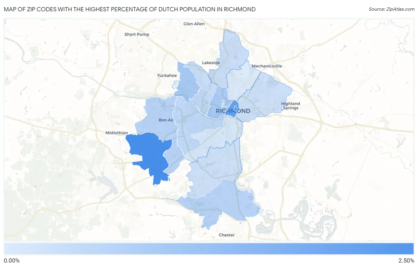 Zip Codes with the Highest Percentage of Dutch Population in Richmond Map