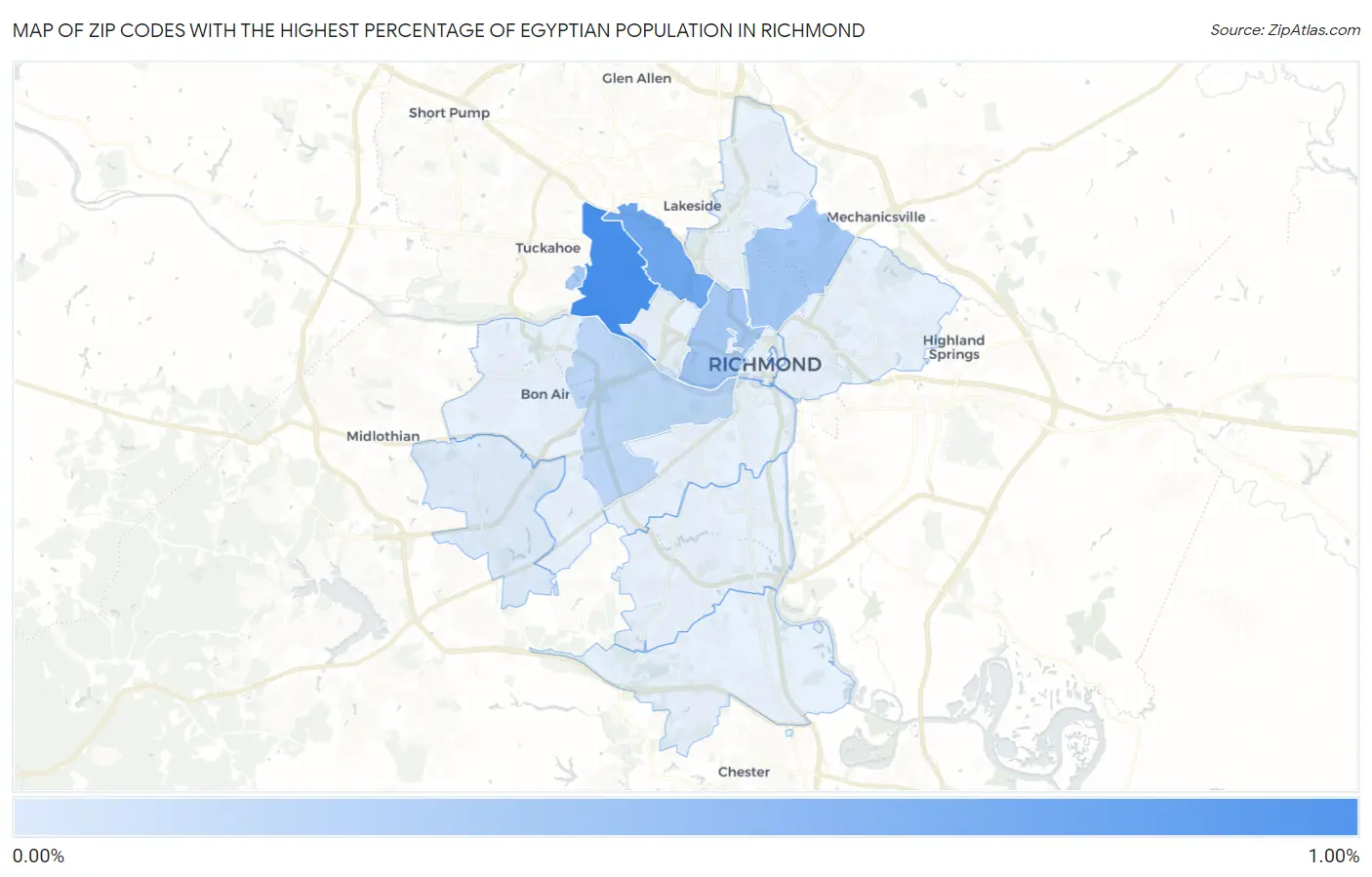 Zip Codes with the Highest Percentage of Egyptian Population in Richmond Map