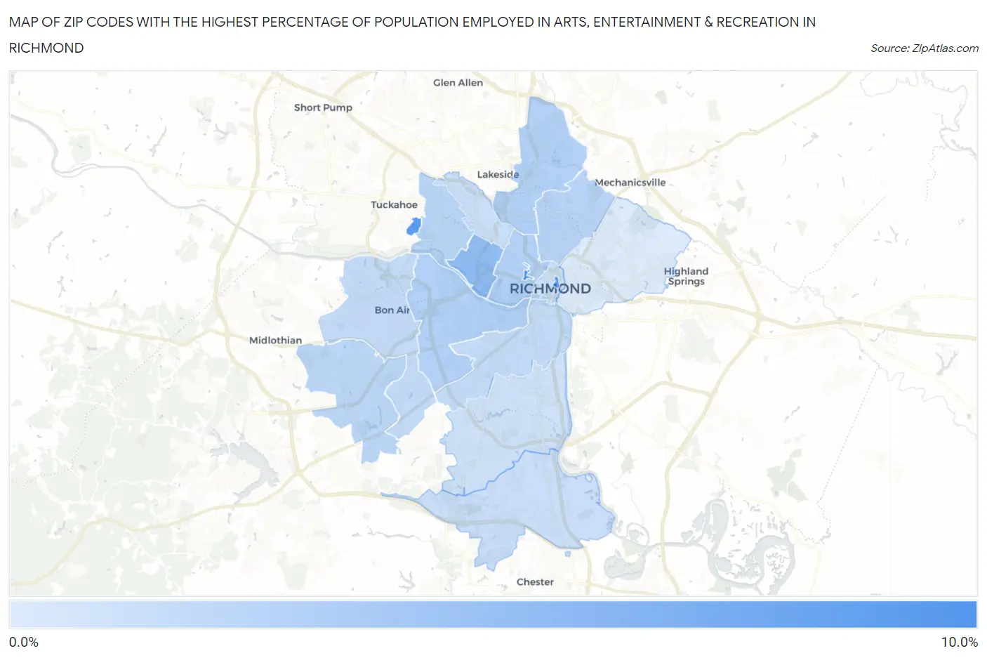 Zip Codes with the Highest Percentage of Population Employed in Arts, Entertainment & Recreation in Richmond Map