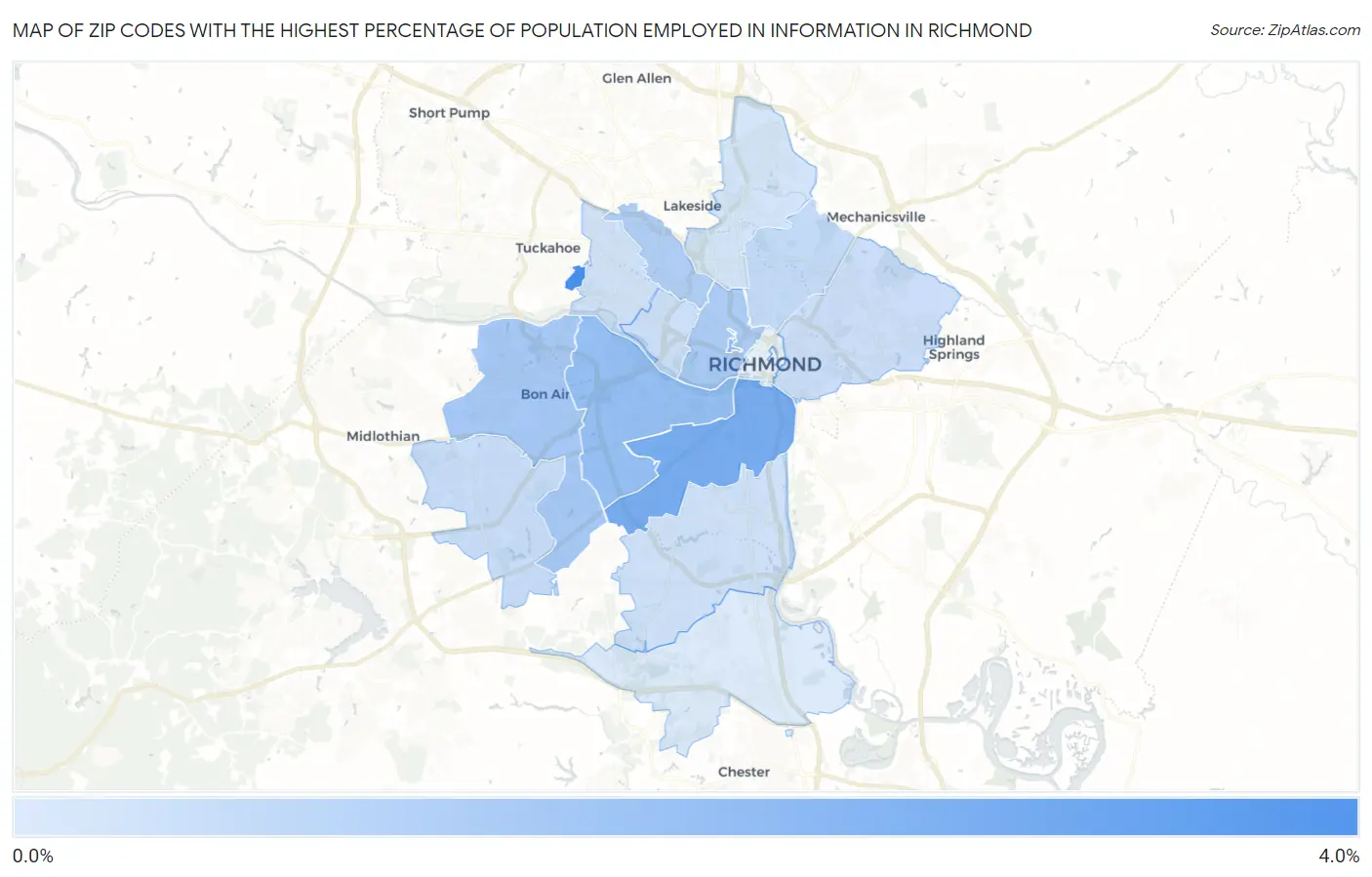 Zip Codes with the Highest Percentage of Population Employed in Information in Richmond Map