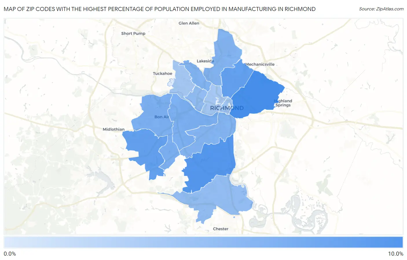 Zip Codes with the Highest Percentage of Population Employed in Manufacturing in Richmond Map