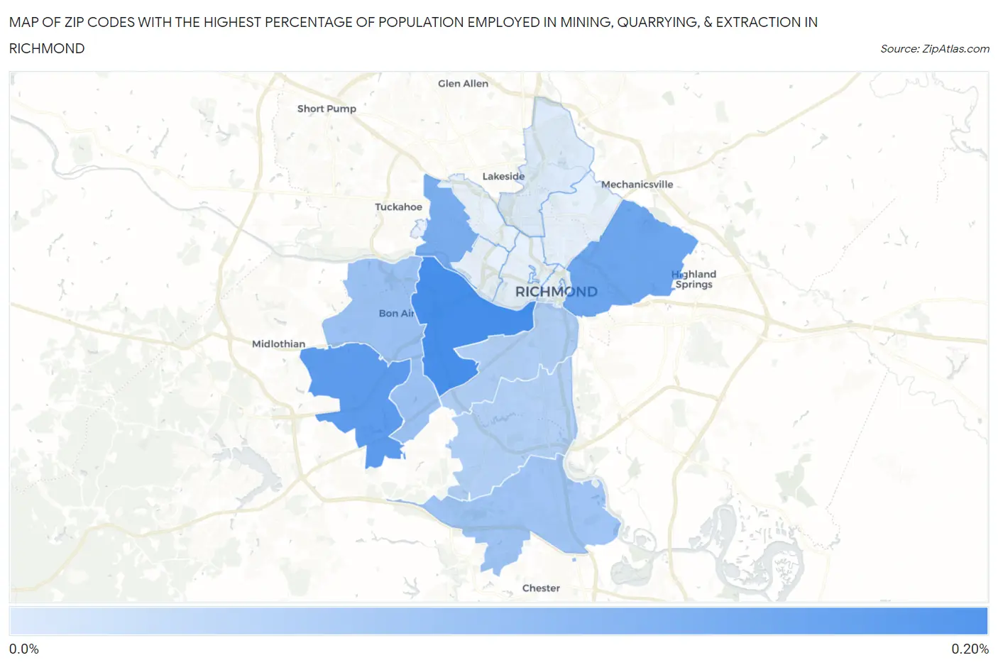 Zip Codes with the Highest Percentage of Population Employed in Mining, Quarrying, & Extraction in Richmond Map