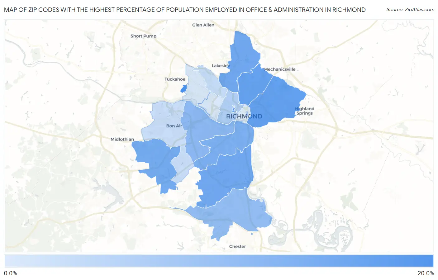 Zip Codes with the Highest Percentage of Population Employed in Office & Administration in Richmond Map