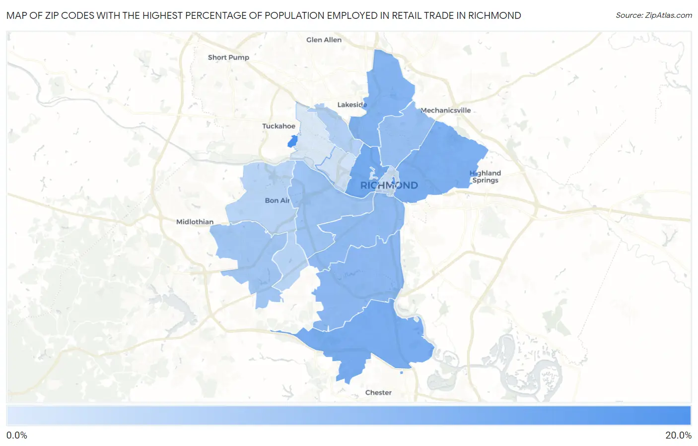 Zip Codes with the Highest Percentage of Population Employed in Retail Trade in Richmond Map
