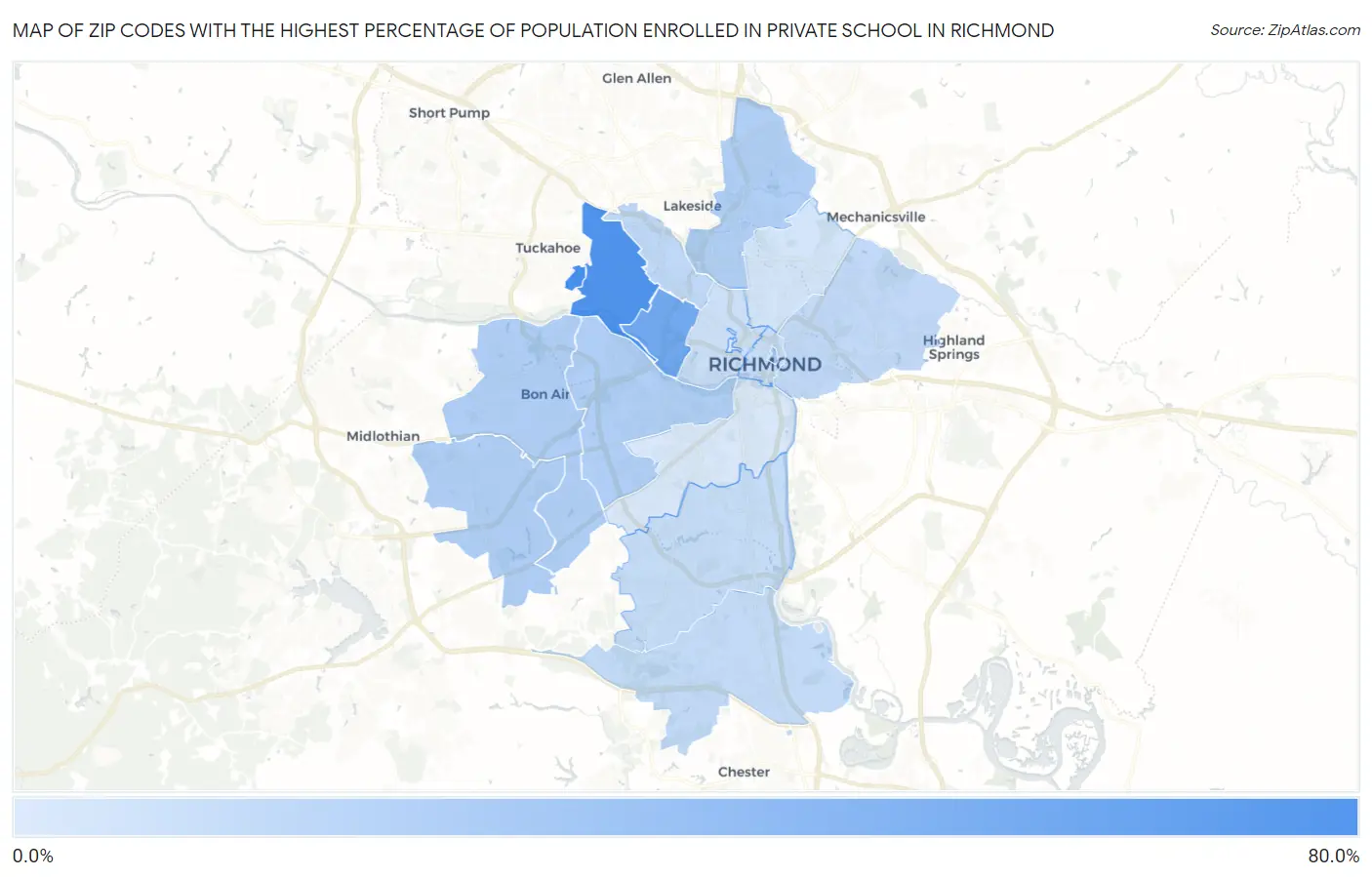 Zip Codes with the Highest Percentage of Population Enrolled in Private School in Richmond Map