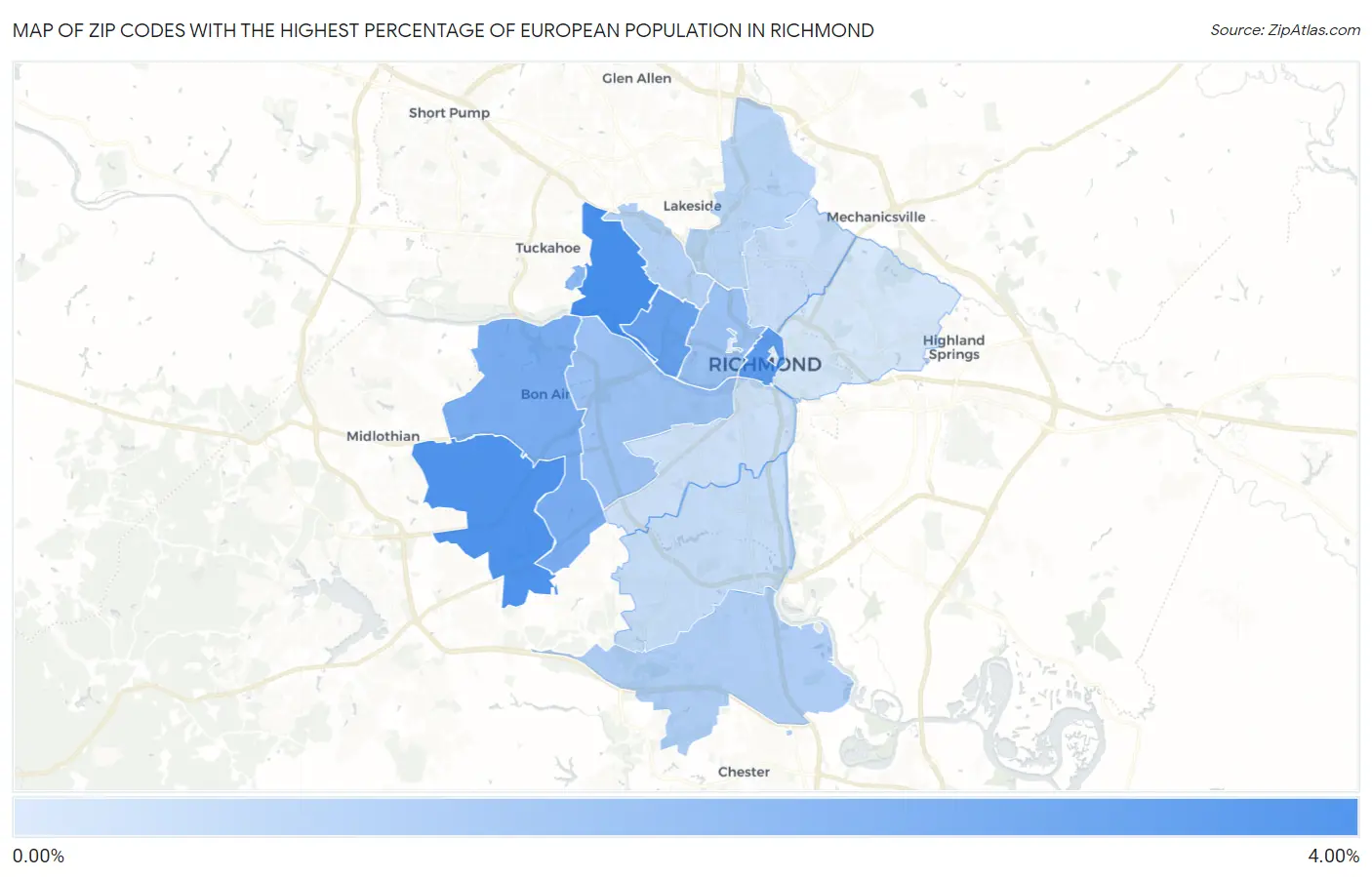 Zip Codes with the Highest Percentage of European Population in Richmond Map