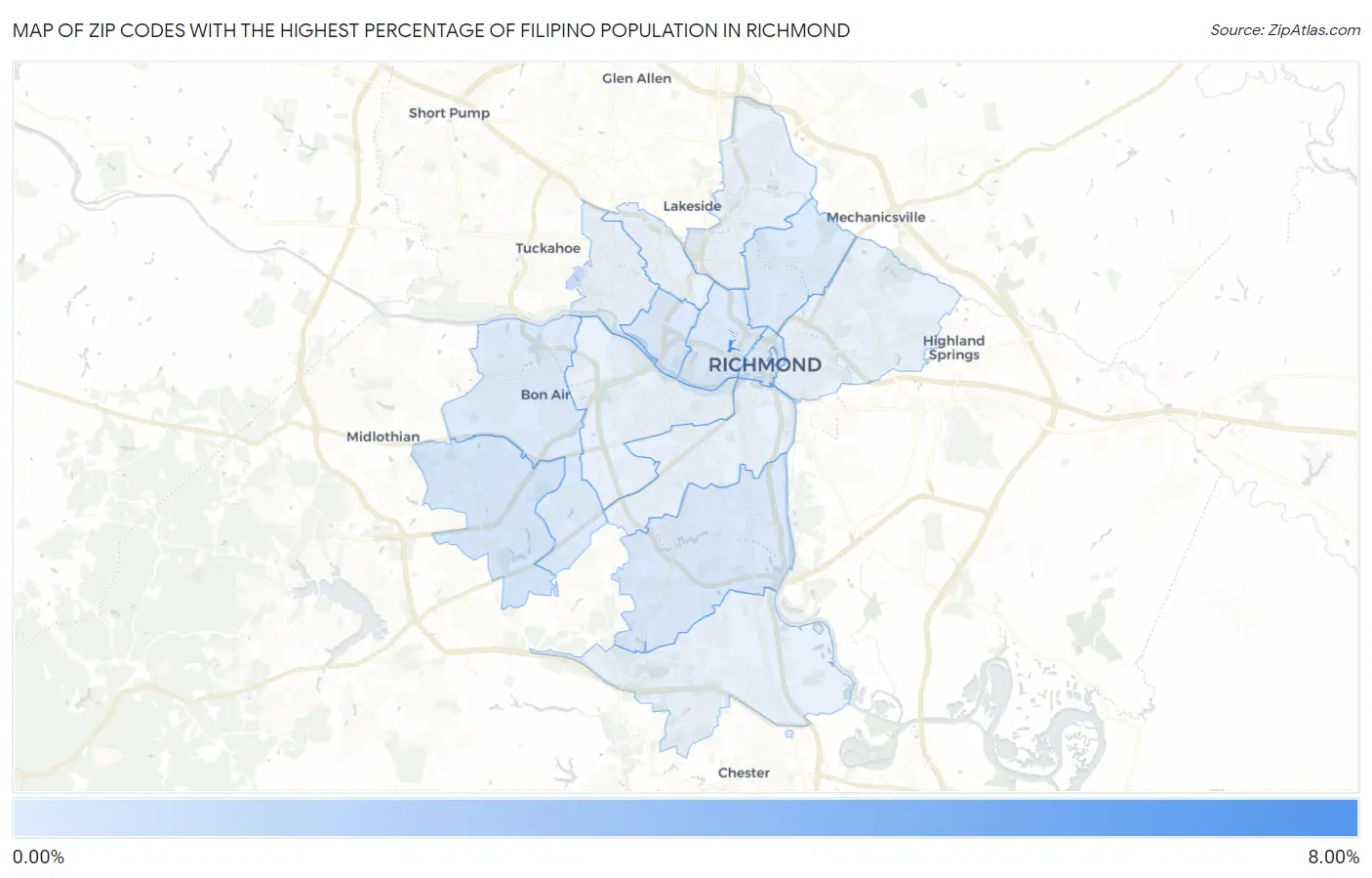 Zip Codes with the Highest Percentage of Filipino Population in Richmond Map