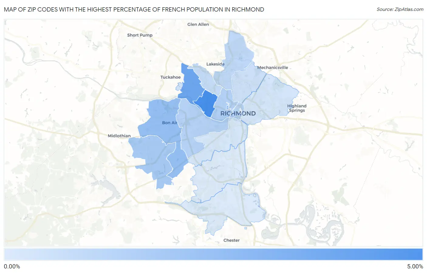 Zip Codes with the Highest Percentage of French Population in Richmond Map