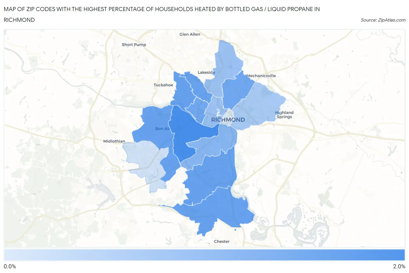 Zip Codes with the Highest Percentage of Households Heated by Bottled Gas / Liquid Propane in Richmond Map
