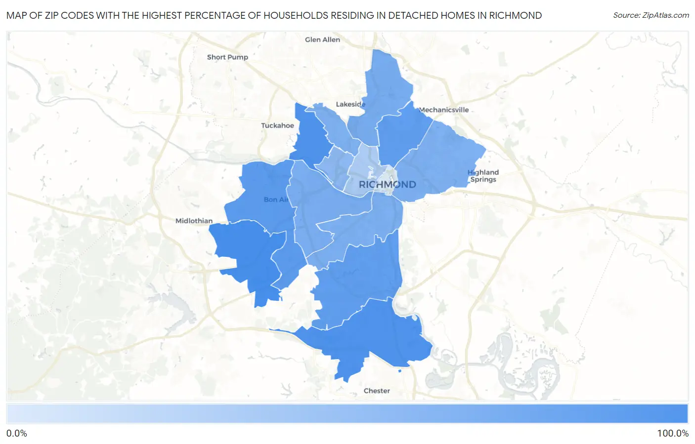 Zip Codes with the Highest Percentage of Households Residing in Detached Homes in Richmond Map