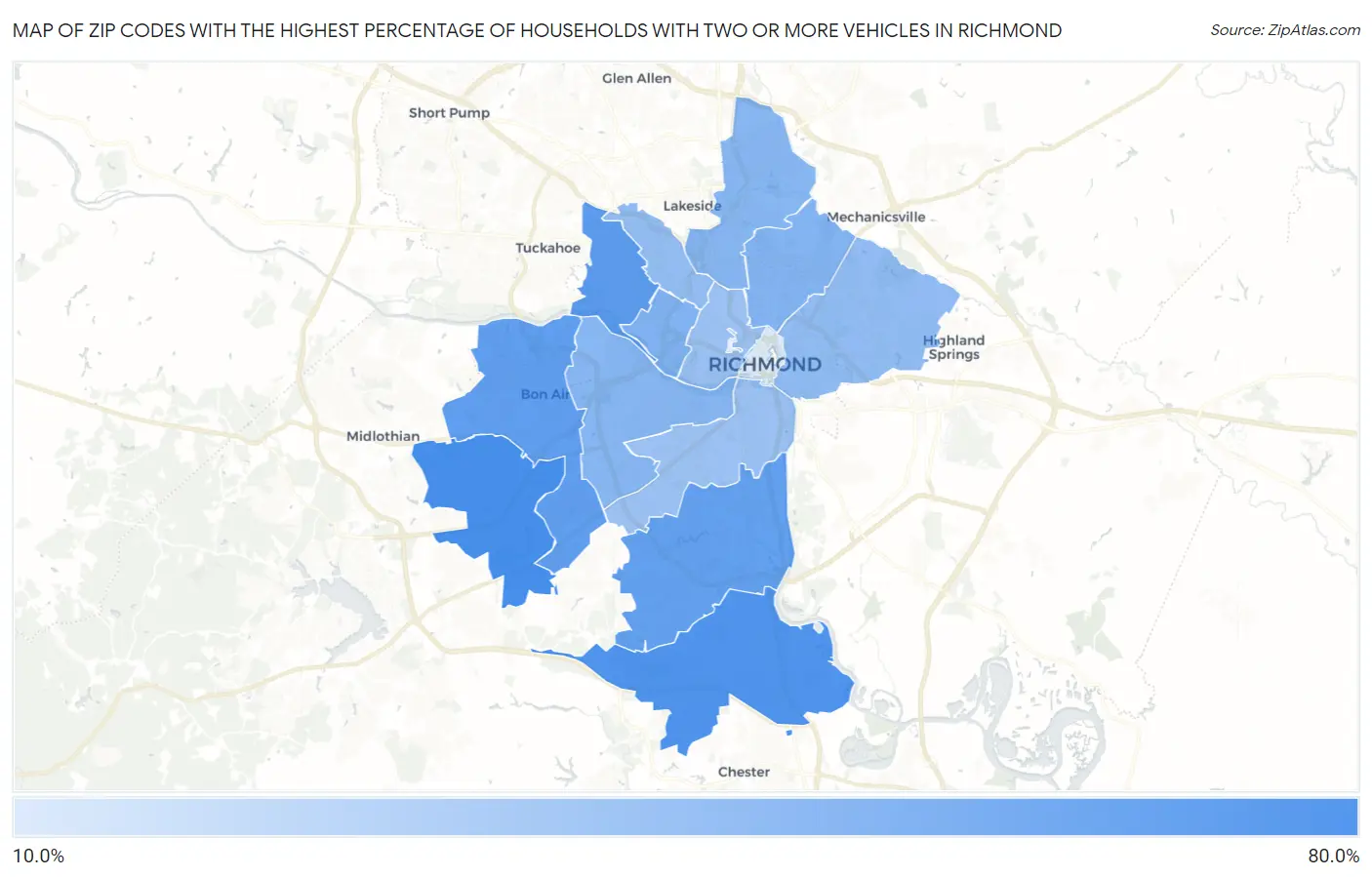 Zip Codes with the Highest Percentage of Households With Two or more Vehicles in Richmond Map