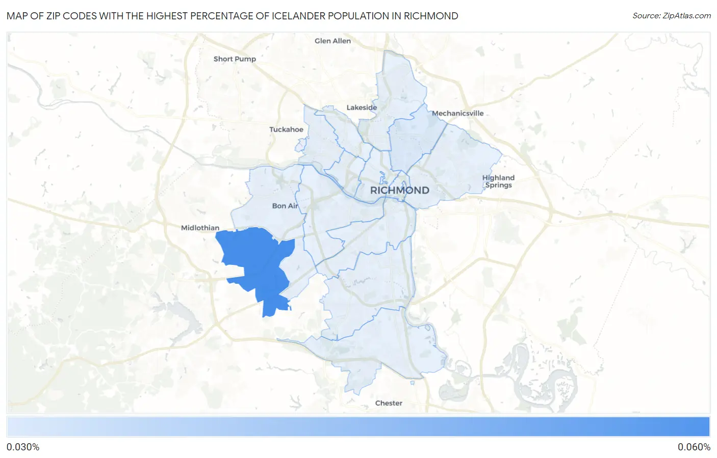 Zip Codes with the Highest Percentage of Icelander Population in Richmond Map